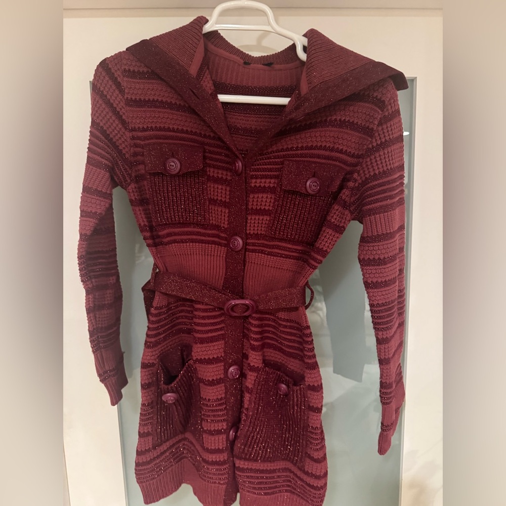 Women’s Burgundy Knit Belted Cardigan Sweater